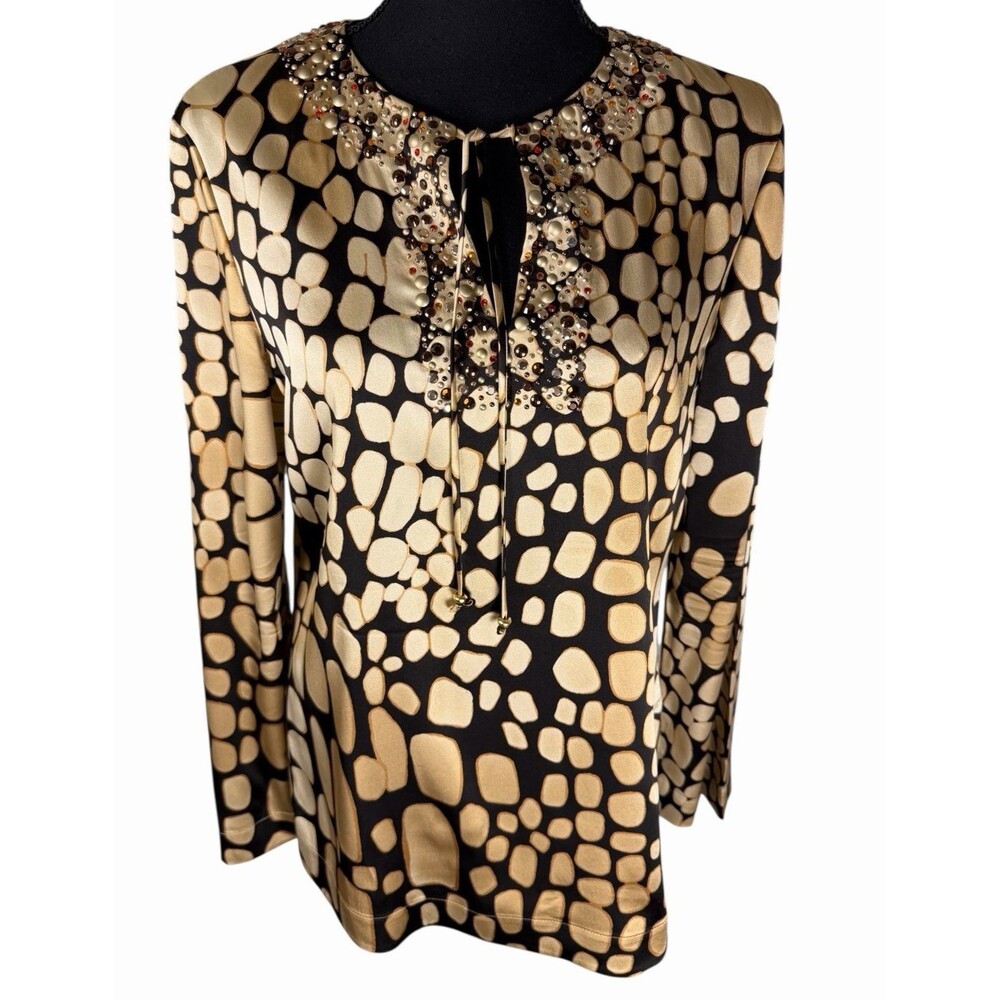 St. John Silk Blend Giraffe Animal Print Tunic Top Jeweled Neckline Small